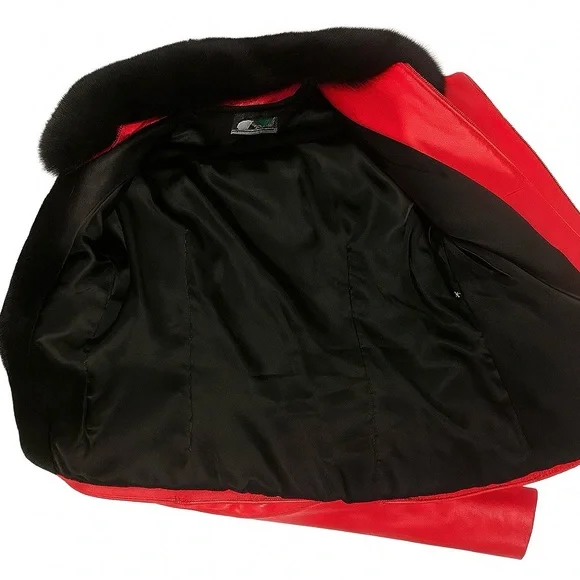 Vintage Red Leather Fur Collar Jacket 70s Mod Glam Rock Style | Real Fur Trim M - Picture 6 of 6